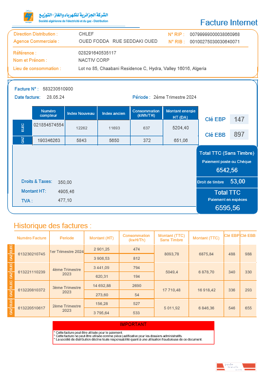 Algeria Societe Algerien Distribution internet business utility bill Word and PDF template PSD template